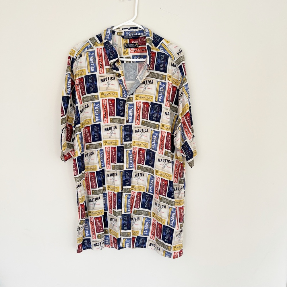 Nautica Men’s Multicolor Logo Print Short Sleeve Shirt XL Cotton Blend Resort